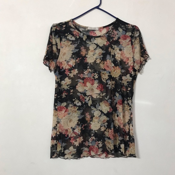 Black floral mesh see through sheer blouse skirt sleeve shirt - Picture 6 of 6